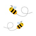 Bee character. Cute flying bees with dotted route. Vector cartoon insect illustration Royalty Free Stock Photo